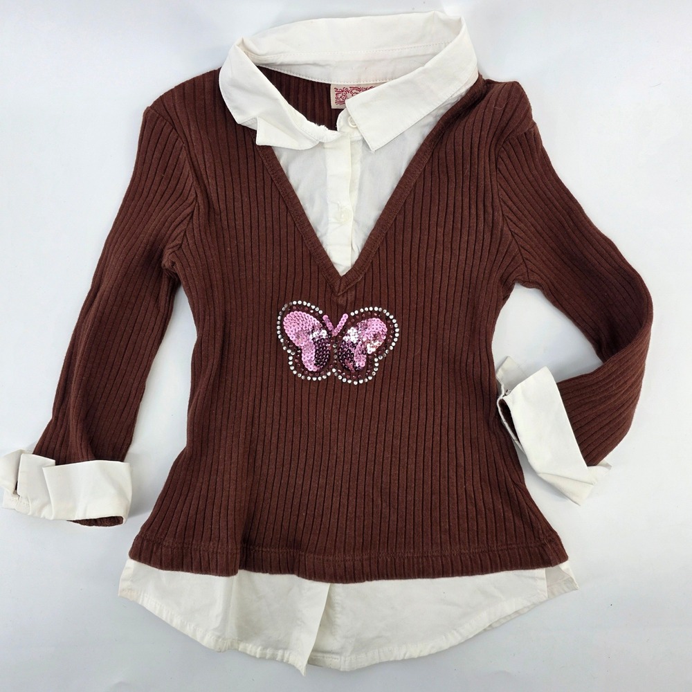 Girls 8 Brown Ribbed Sweater White Layered Y2K Pink Butterfly Sequin M